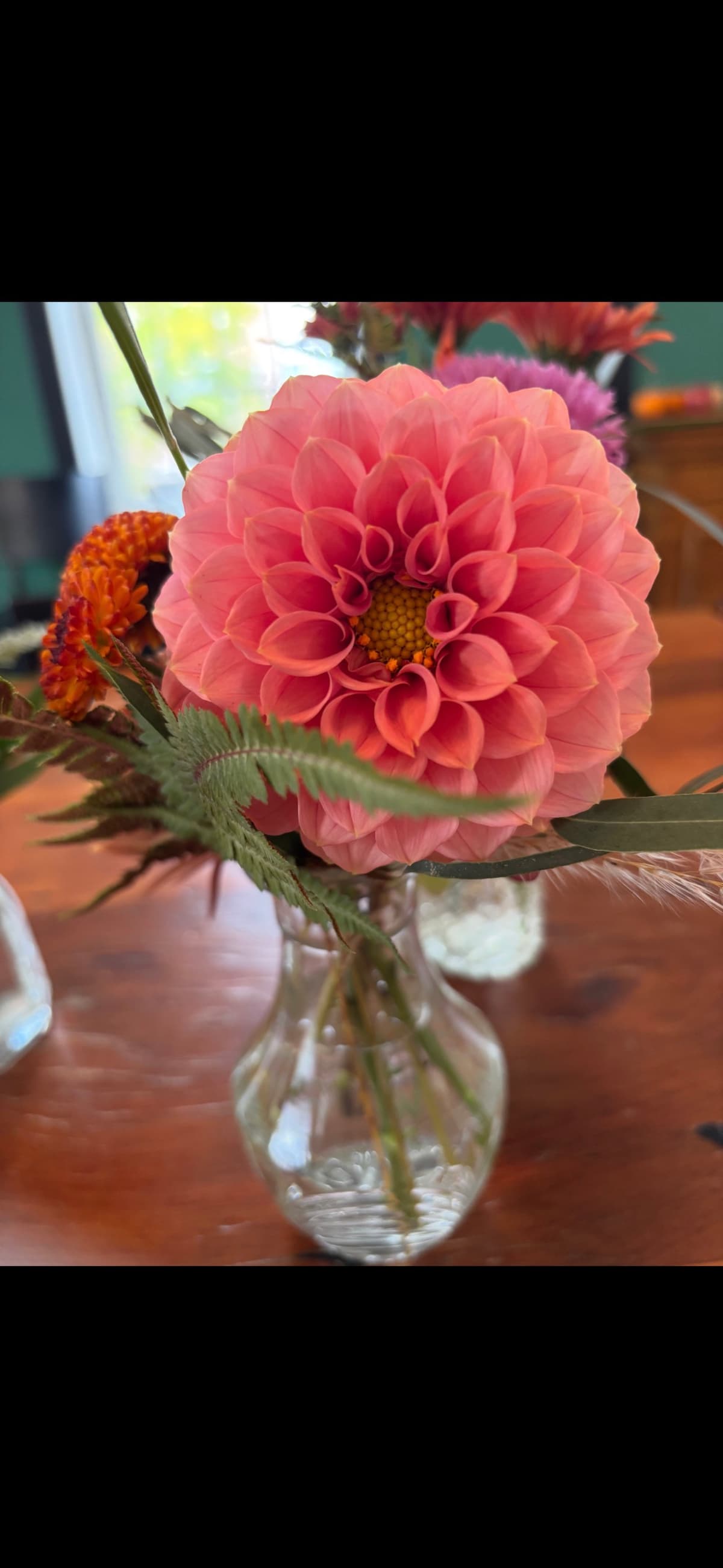 A close-up photograph of a coral-pink ball dahlia in a clear glass bud vase, accented by an orange strawflower and green fern fronds, sitting on a wooden table.